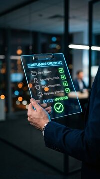 Digital compliance checklist being approved on a holographic display