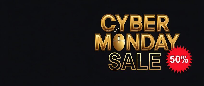 Cyber monday sale announcement with 50% off discount golden text e commerce discount announcement promotion shopping e-commerce marketing business reduction