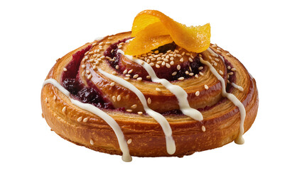 Flaky pastry swirl with berry filling sesame seeds and icing, isolated on transparent background © Alexander
