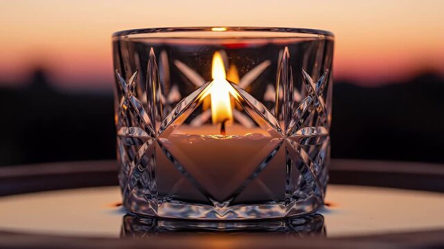 Candlelight in Crystal Glass at Sunset - A lit candle sits inside an ornate cut crystal glass votive holder. The sunset casts a warm glow on the scene and reflects in the glass and the surface below.