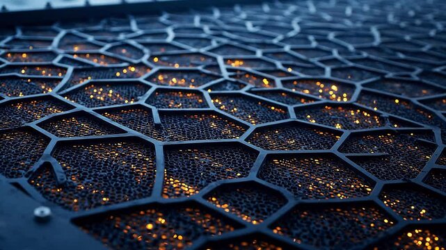 Hexagonal patterned surface with glowing lights symbolizing financial stability and economic growth