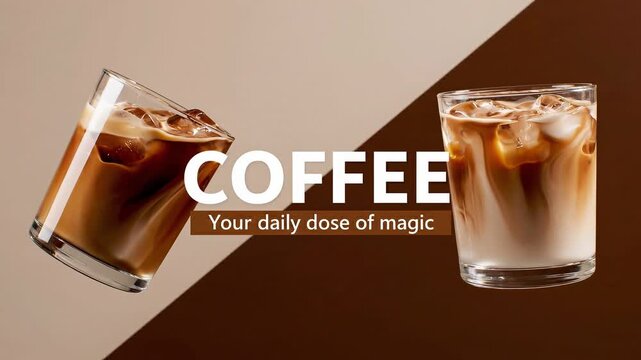Iced Coffee Refreshment: Two tall glasses of chilled iced coffee, filled with ice cubes and creamy swirls, are presented in a stylish composition that evokes a sense of cool, invigorating refreshment.