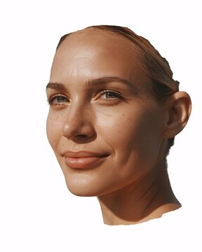 Smiling woman with freckles and dimples, looking to the side on white background