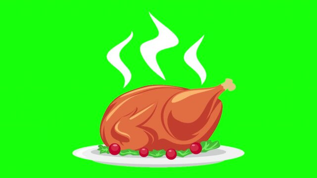 Cartoon Roasted Turkey on Plate with Steam Green Screen Animation