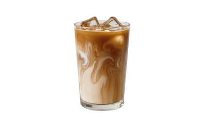 Tall glass of iced coffee with swirling cream, isolated on transparent background