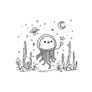 Smiling Jellyfish Underwater with UFO and Moon