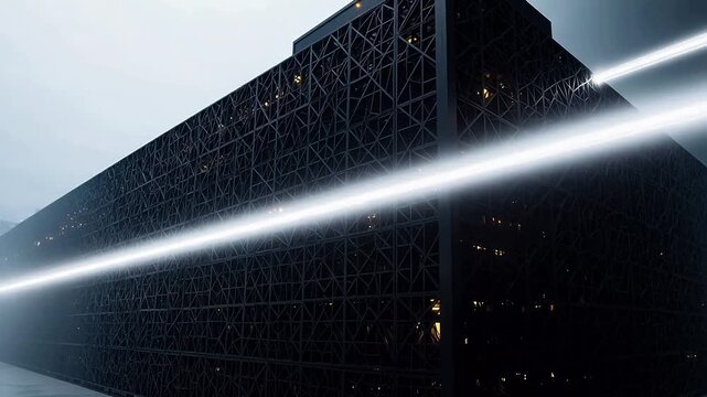 Modern building with geometric facade and light beams emphasizing natural beauty and tranquility