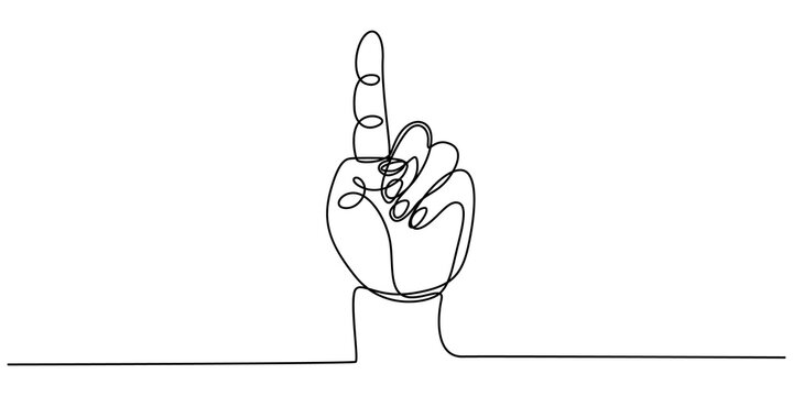 Minimalist line art hand gesture, pointing index finger, simple black outline on white background, conceptual illustration