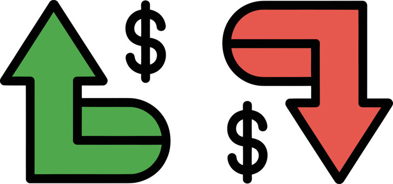 Abstract financial flow icons with green increase and red decrease arrows and dollar sign.