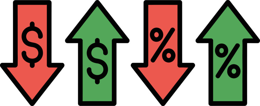 Arrows indicating dollar and percent price up and down on transparent background.