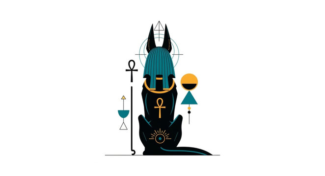 Anubis Egyptian God Illustration with Hieroglyphs and Symbols.