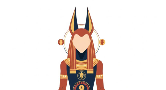 Anubis Egyptian God Illustration with Jackal Head and Ornate Headdress.