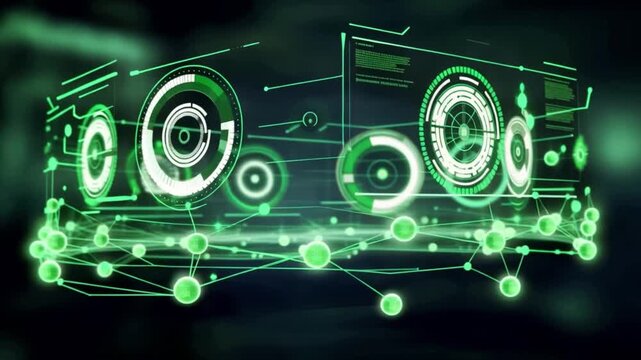 Futuristic digital interface featuring pulsing nodes and circular data visualization glowing green light, showcasing advanced network connectivity and dynamic data flow in high tech environment
