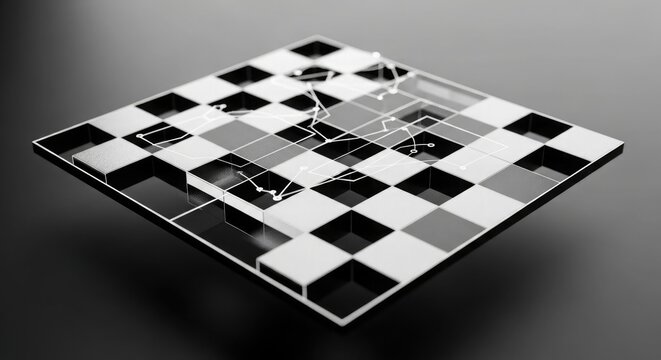 Broken glass chessboard with shattered pieces on dark background symbolizing strategy and conflict