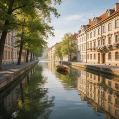Obraz premium A peaceful canal lined with trees and colorful historic houses, reflecting softly in calm water under a clear sky at sunrise or sunset.