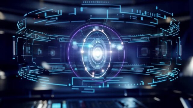 Rotating circular digital interface with layered neural network connections and glowing blue hologram, futuristic technology showcasing glowing circular neural network digital holographic interface