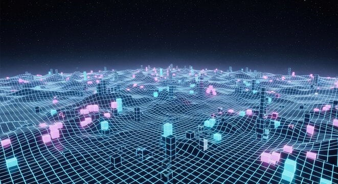 Futuristic cityscape with neon grid landscape and digital elevation map at night