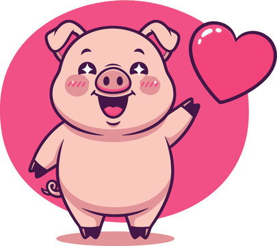 A cute, chubby pink cartoon pig with blushing cheeks, waving happily next to a large pink love heart.