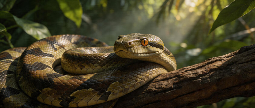 A coiled snake rests on a tree branch in a sunlit forest, showcasing its patterned scales and intense orange eyes.