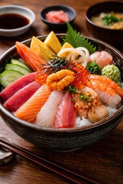 Frisch zubereiteter Chirashi Sushi mit Fisch und Reis
Reich belegte Sch&uuml;ssel mit Chirashi Sushi aus Reis, rohem Fisch, Garnelen, Rogen, Seeigel, Gem&uuml;se und Beilagen auf Holztisch.