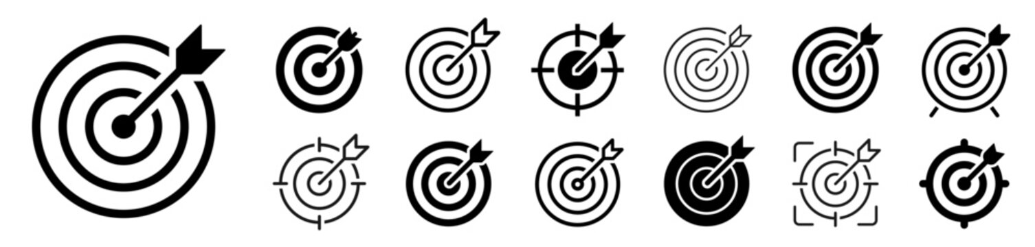 Target icon set. Goal, darts, aim, objective, target with arrow, bullseye, hitting symbol on white background - stock vector.