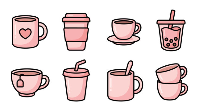 Cute Pink Beverage Cups and Mugs Collection Illustration