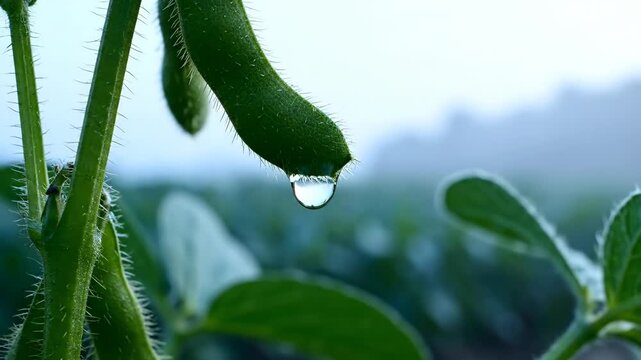 Close-up of a soybean pod with a water droplet, natures beauty.