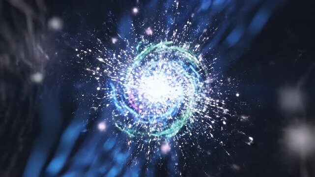 Abstract Energy Burst - A bright energy burst is shown against a dark backdrop. Colorful strands of light emanate from the center, creating a dynamic and visually striking effect.