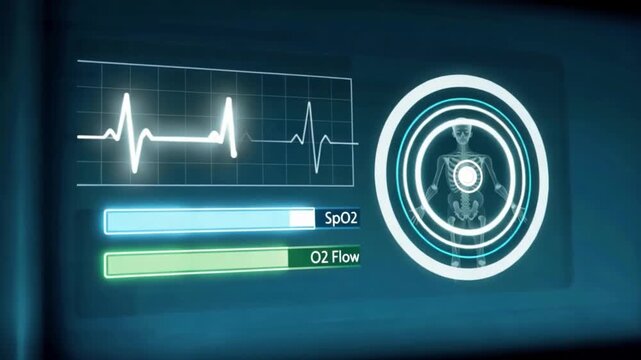 Oxygen level indicator heart rate monitor pulse oximeter medical technology with SpO2 measurement oxygen flow bar futuristic digital display healthcare device health monitoring vital signs graph