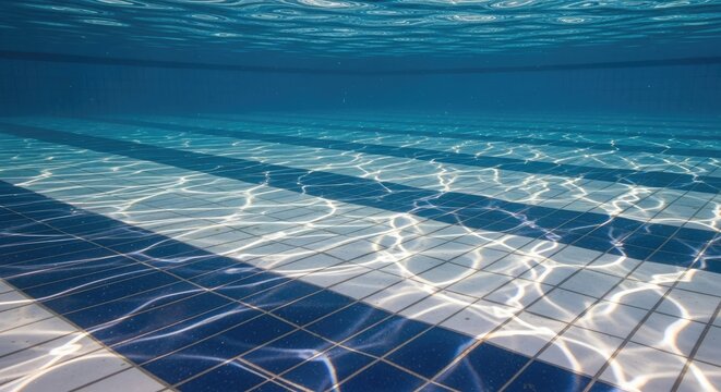 Sunlight reflections on swimming pool water surface with tiled floor