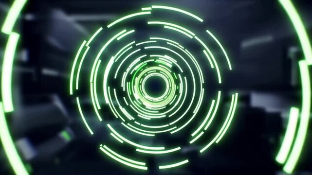 Futuristic digital tunnel and interface with glowing green circular lines and abstract technology background creating depth and motion symbolizing innovation and advanced system concept