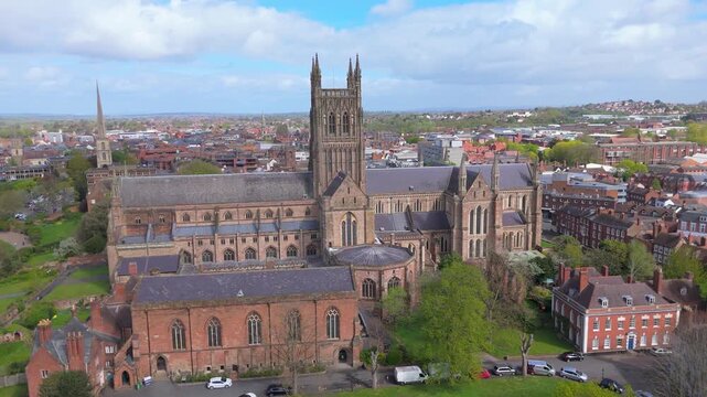 An aerial orbit movement of the 11th century historical Worcester Cathedral in the UK