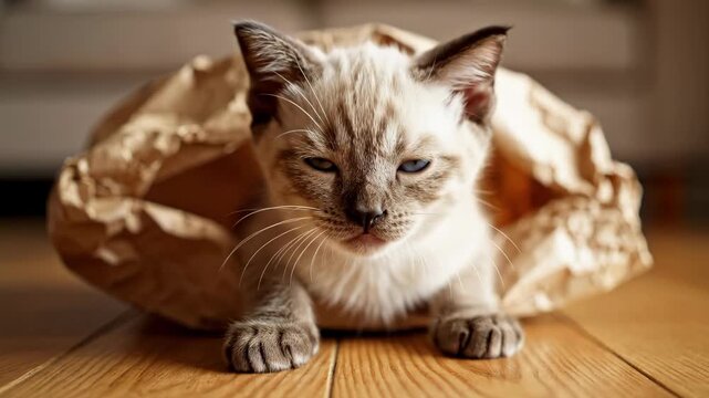 Adorable Kitten in a Paper Bag - Playful and Curious Cat.
