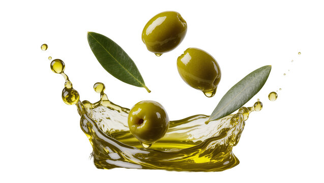 Green olives and leaves splashing into golden olive oil, isolated on transparent background