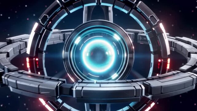 Futuristic rotating segmented rings with glowing blue core and metallic structure showcasing advanced sci fi technology in space featuring circular design and cosmic environment elements