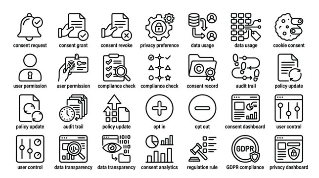 Privacy and data protection icons for user consent and compliance regulations.