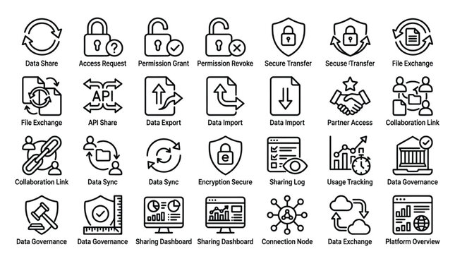 Data sharing and security icons for information exchange and governance.