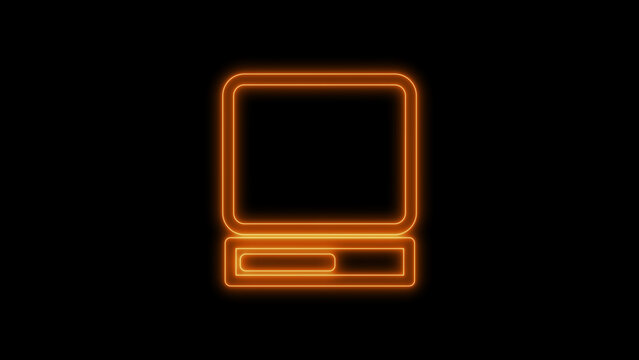 Glowing colorful neon icon of a vintage personal computer with monitor and keyboard base unit desktop workstation for retro technology concepts isolated on black background