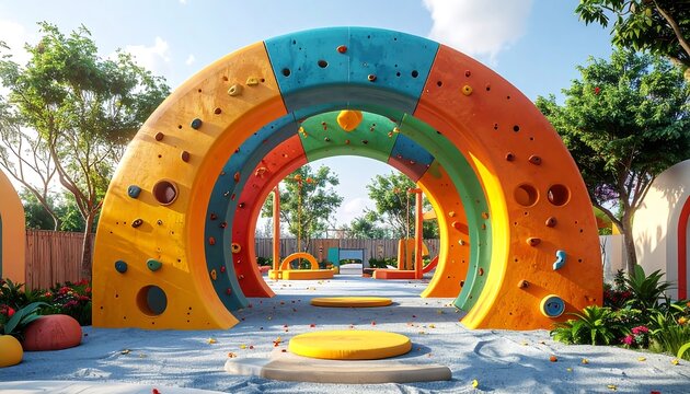 A vibrant playground scene, featuring a colorful climbing arch, inviting kids to play. Sunny day, surrounded by trees and green areas