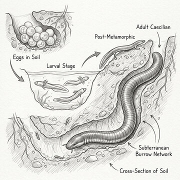 Detailed biological illustration showing the life cycle of a caecilian including eggs in soil aquatic larvae and the subterranean burrow network of an adult with caecilian amphibian subterranean