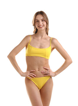 Beautiful woman wearing stylish swimsuit on white background