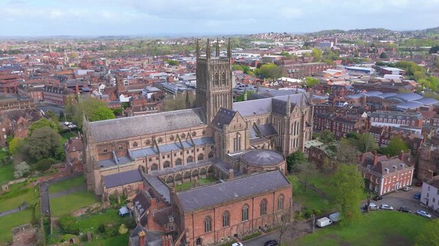 A drone pullout movement of the historical cathedral in the city of Worcester in the UK