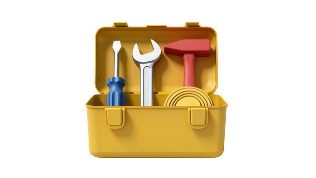 Yellow toolbox with screwdriver wrench hammer and tape measure, isolated on transparent background