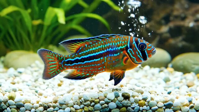 Ornate Aquarium Fish - This close-up shot features a colorful ornate fish swimming in a home aquarium.