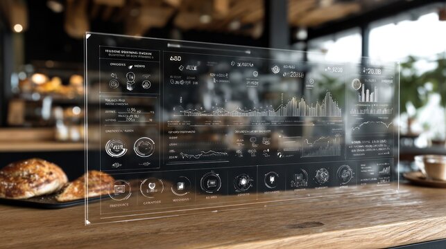 Transparent display with data charts in cafe environment