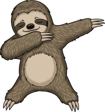 Funny cartoon sloth with shaggy brown fur and a happy smile doing the dab dance pose.