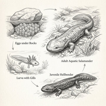 Life cycle of the hellbender salamander diagram showing eggs under rocks aquatic larva with external gills and adult stages in a detailed biological drawing hellbender salamander amphibian