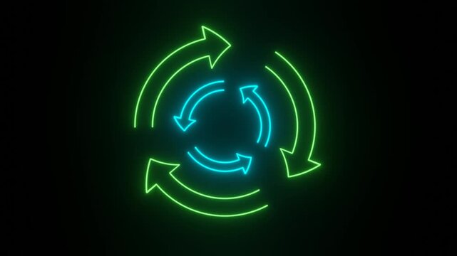 Neon glowing circular arrows rotation loop animation on dark background