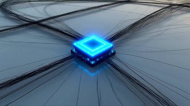 Blue glowing cube with network lines symbolizing growth and future success