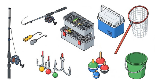 Collection of fishing equipment including rods reels tackle boxes net and bucket.